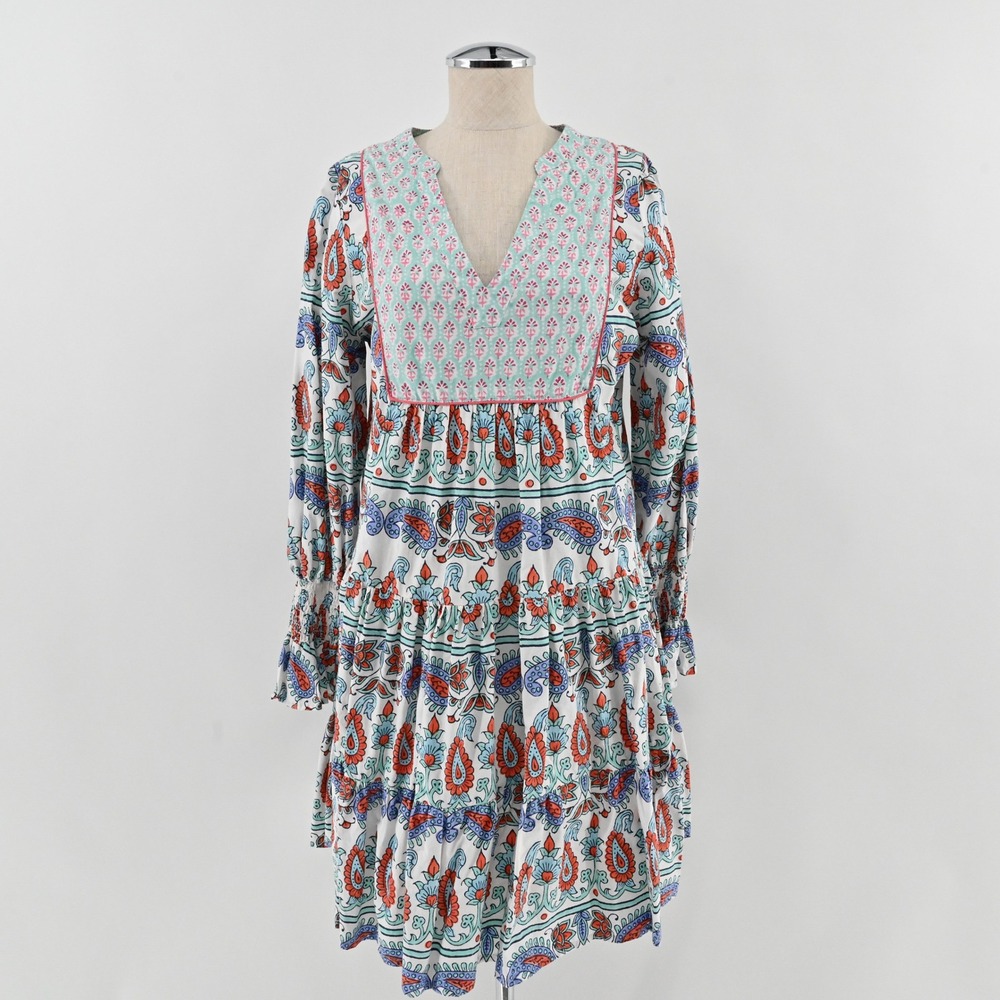 Tuckernuck Kenzo Dress Womens Size M Teal Seagrass Block Print Cotton Boho India